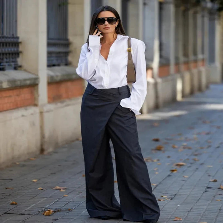 Asymmetric Wide-Leg High-Waist Suit Pants