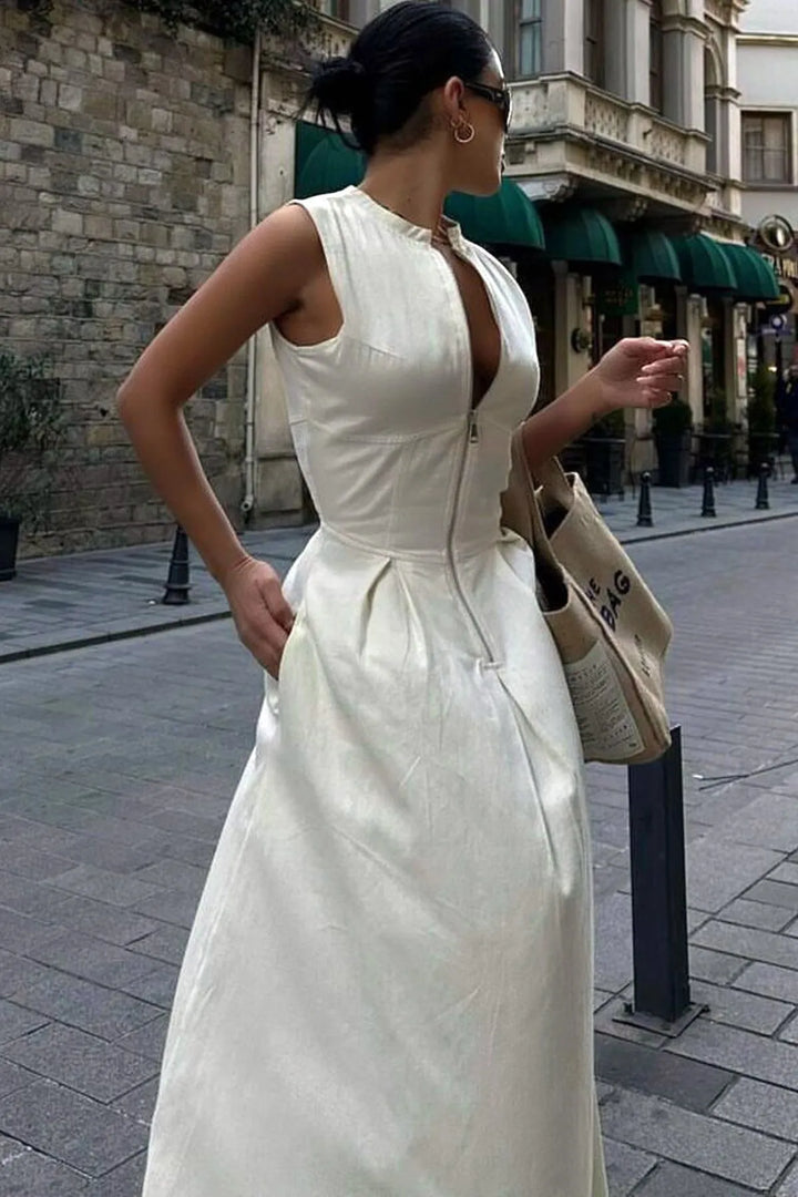 Solid V-Neck Zipper Dress