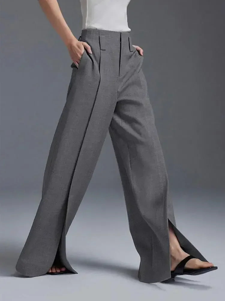 Grey High-Waisted Split-Front Wide Leg Trousers