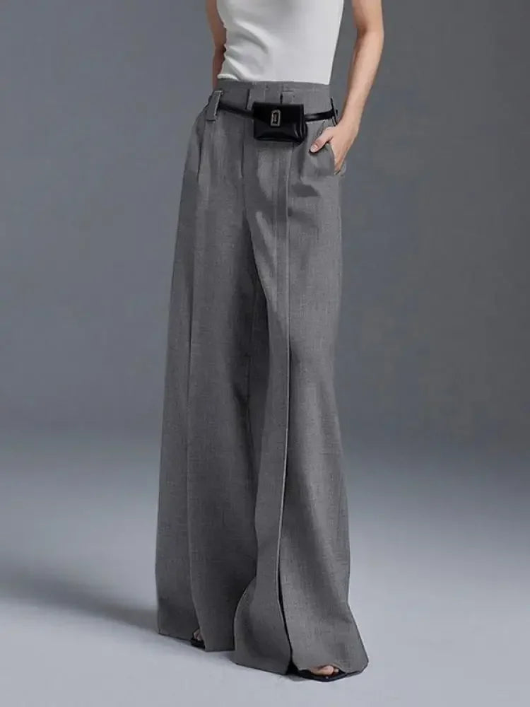 Grey High-Waisted Split-Front Wide Leg Trousers