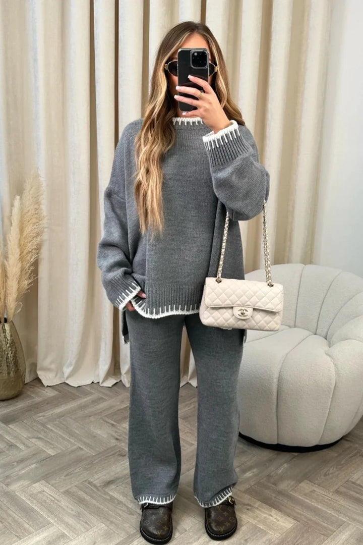 Black Striped Knit Sweater & Wide-Leg Pants Set