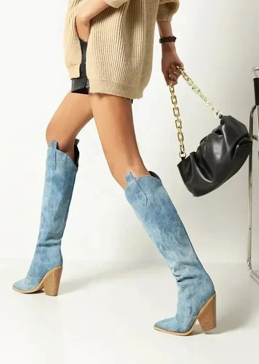 Thigh-High Denim Cowboy Boots