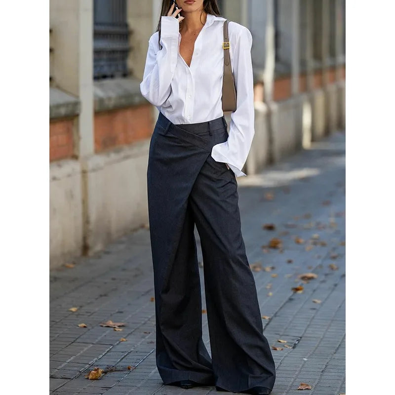 Asymmetric Wide-Leg High-Waist Suit Pants