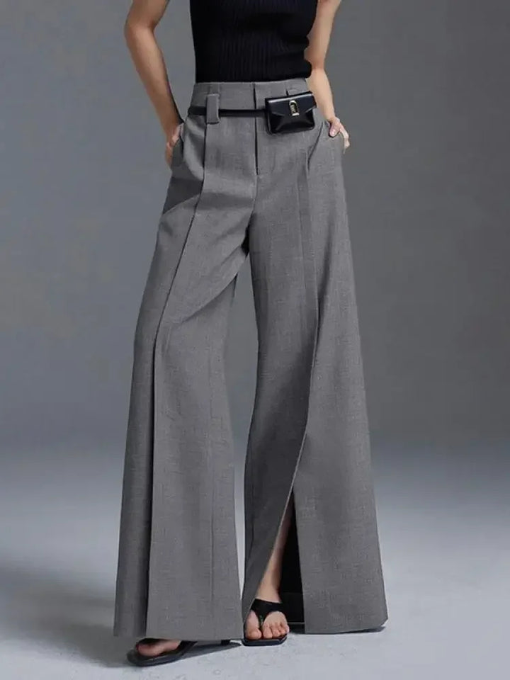 Grey High-Waisted Split-Front Wide Leg Trousers