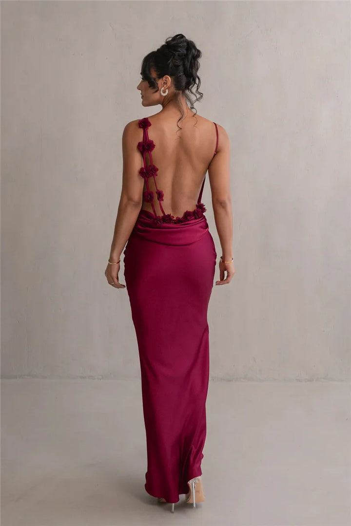 Elegant Floral Draped Backless Maxi Dress