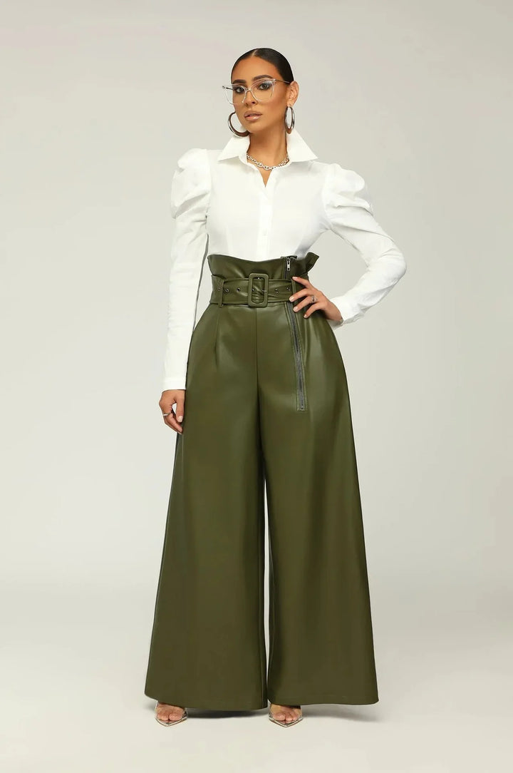 Women's High-Waist Faux Leather Wide-Leg Pants