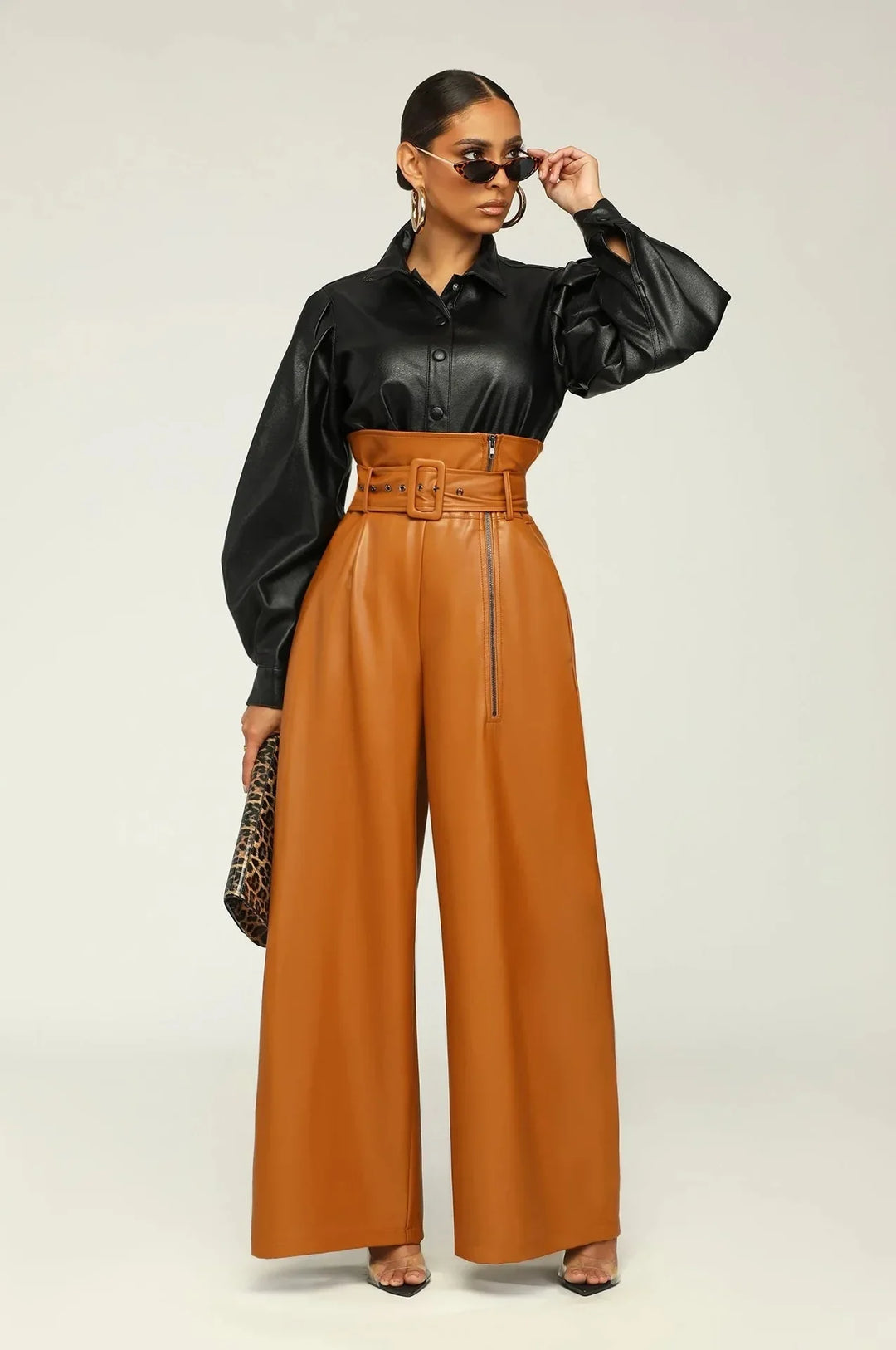 Women's High-Waist Faux Leather Wide-Leg Pants