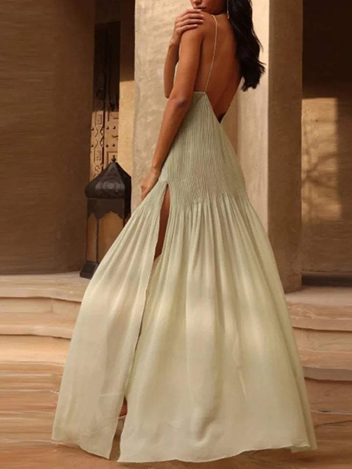 V-Neck Pleated Backless Maxi