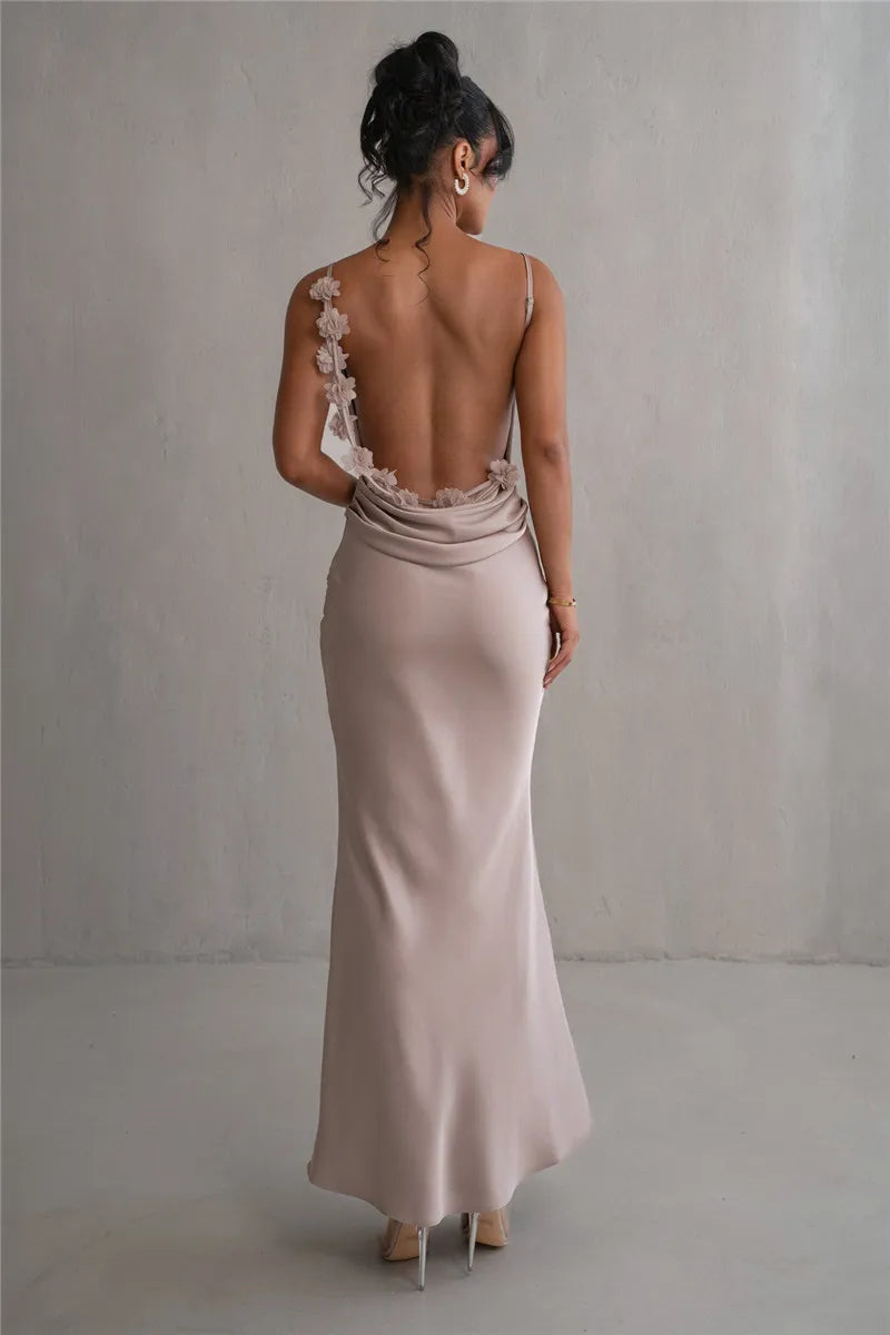 Elegant Floral Draped Backless Maxi Dress