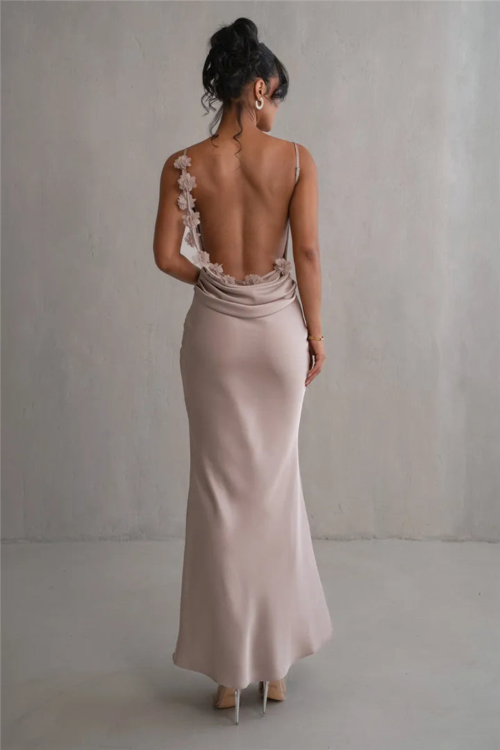 Elegant Floral Draped Backless Maxi Dress