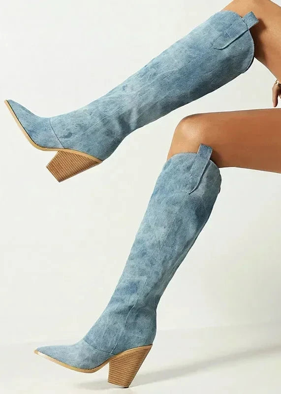 Thigh-High Denim Cowboy Boots