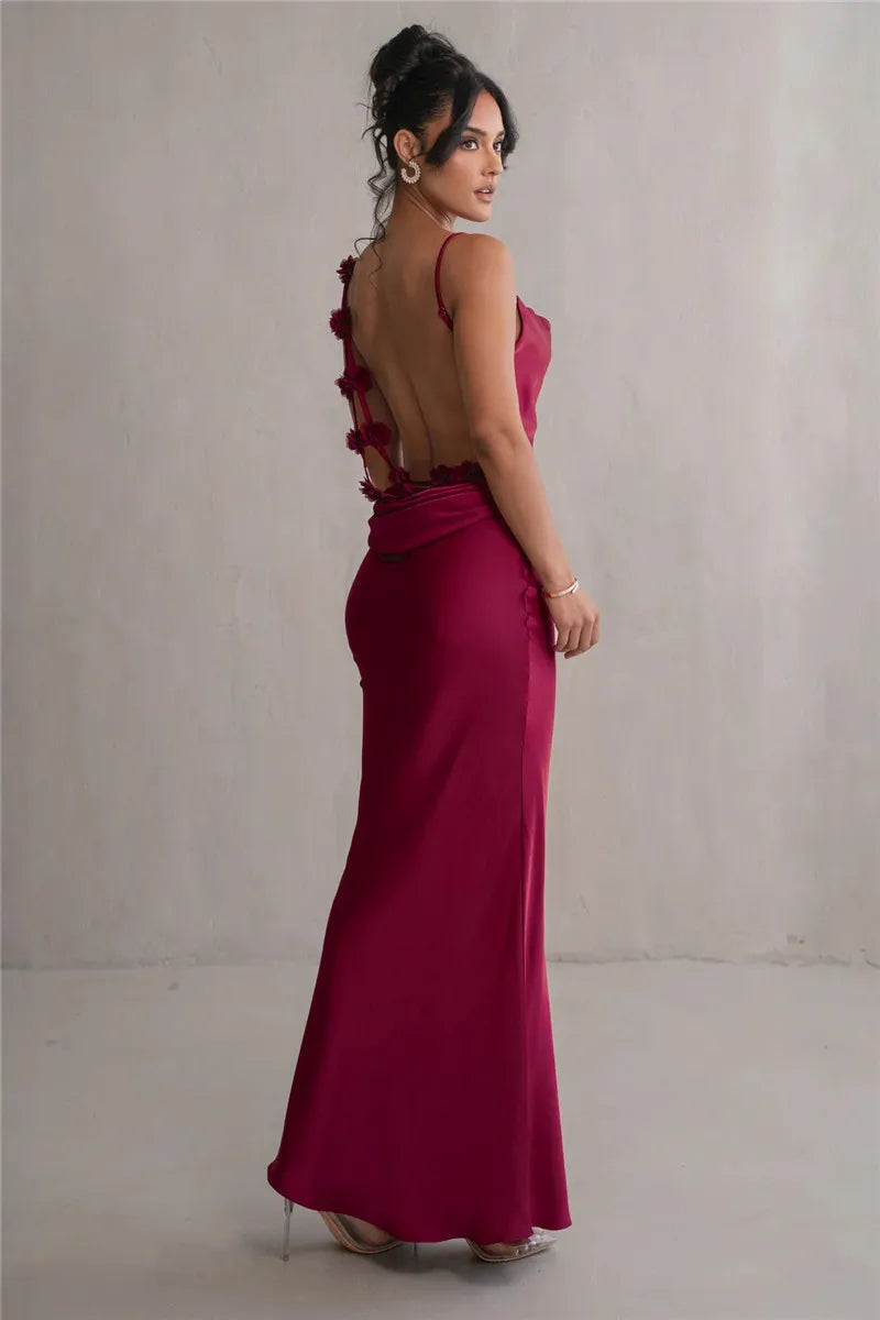 Elegant Floral Draped Backless Maxi Dress