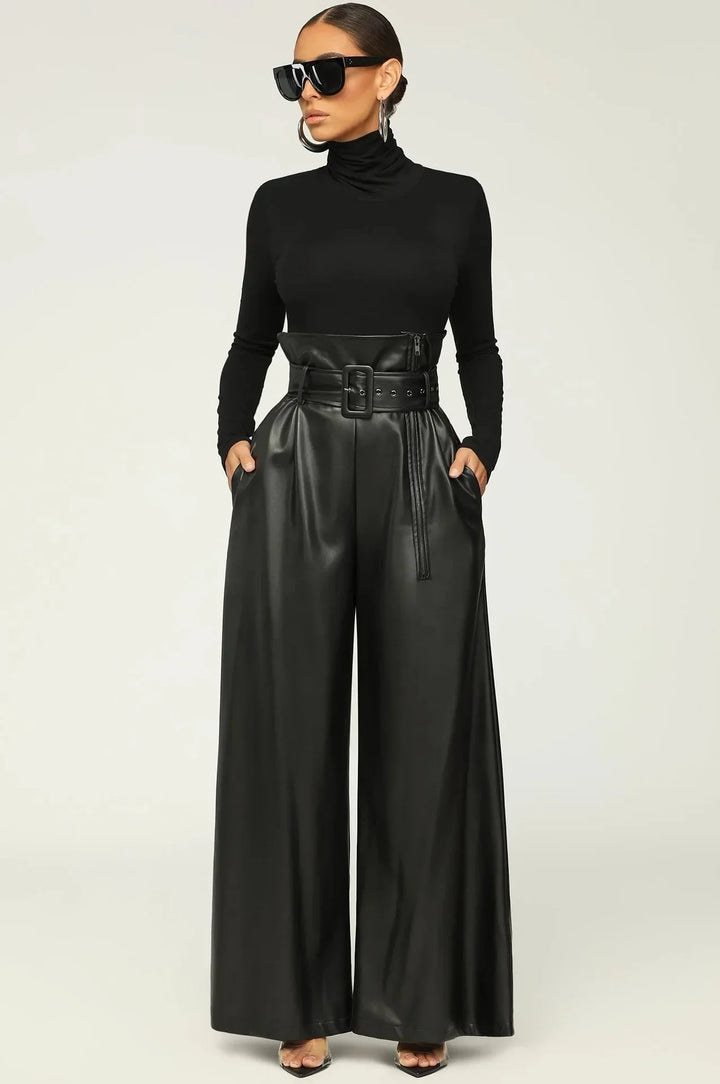 Women's High-Waist Faux Leather Wide-Leg Pants