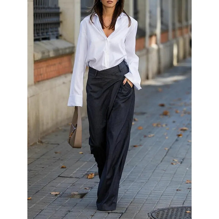 Asymmetric Wide-Leg High-Waist Suit Pants