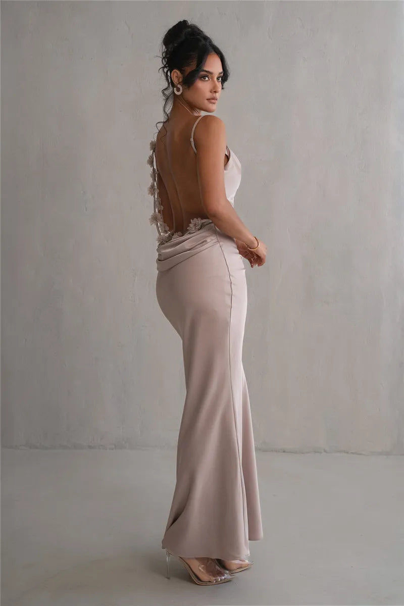 Elegant Floral Draped Backless Maxi Dress