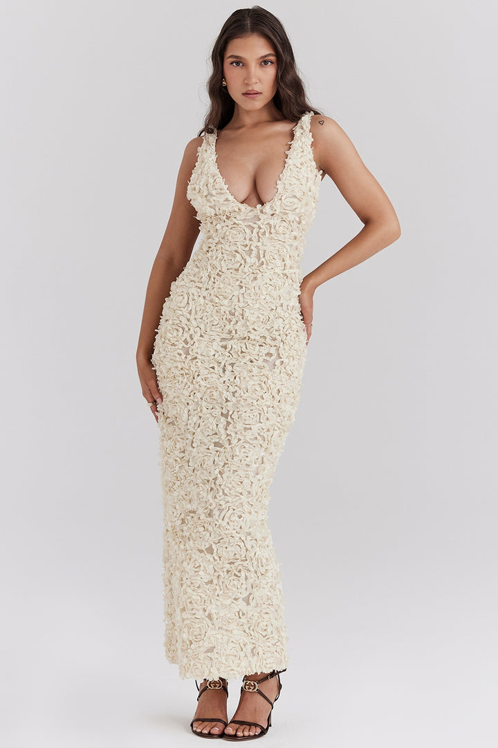 Floral Applique Backless Maxi Dress