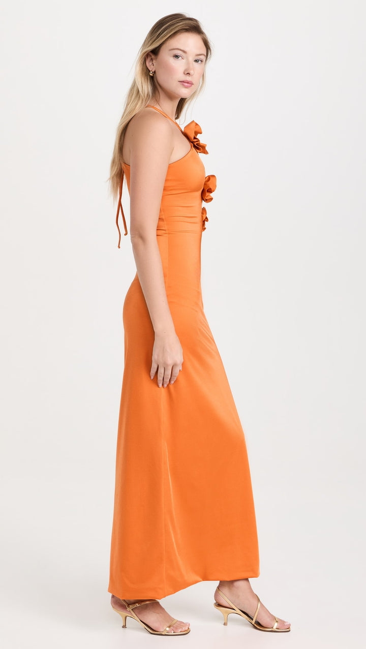 Orange 3D Floral Lace-Up Maxi Dress