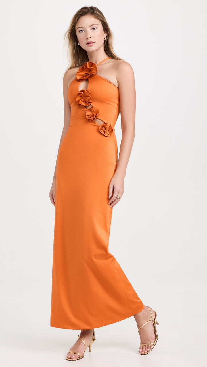 Orange 3D Floral Lace-Up Maxi Dress