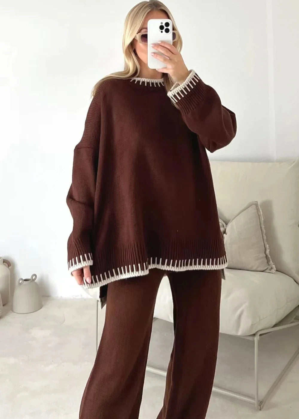 Black Striped Knit Sweater & Wide-Leg Pants Set